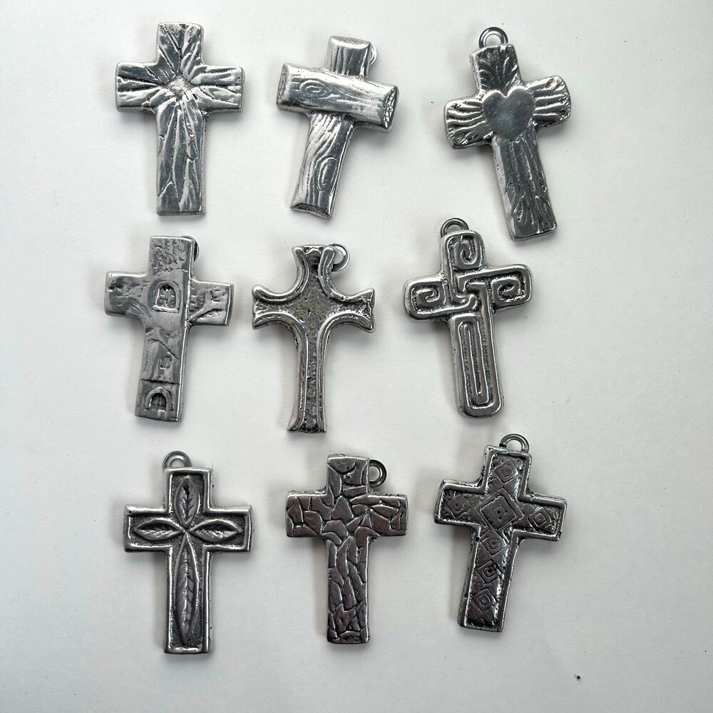 9 Piece Lot Small Handmade Pewter Silver Religious Artistic Crosses 3"
